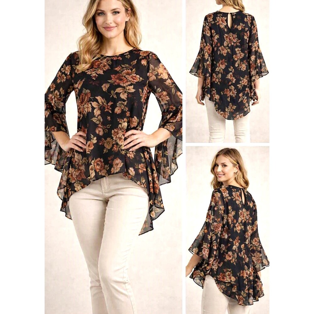 Signature Collection Tunic Autumn Leave Floral Print Bell Sleeves XL Y2K